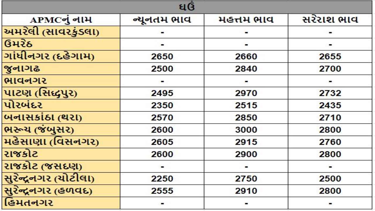 ઘઉંના તા.23-01-2024ના રોજ APMCના ભાવ રૂ.2250 થી 3000 રહ્યા.