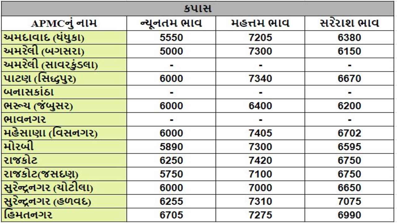 કપાસના તા.23-01-2024ના રોજ APMCના ભાવ રૂ.5000 થી 7420 રહ્યા.