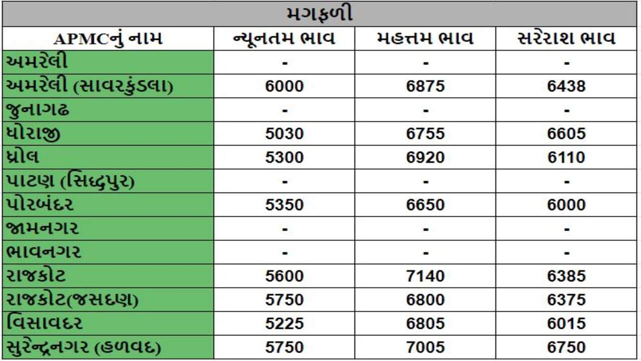 મગફળીના તા.12-01-2024ના રોજ APMCના ભાવ રૂ.5030 થી 7140 રહ્યા.