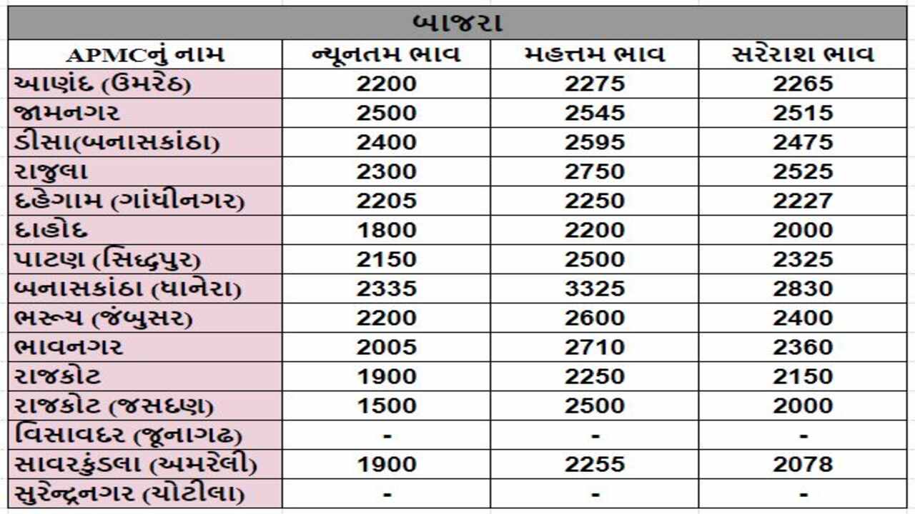 બાજરાના તા.20-03-2024ના રોજ APMCના ભાવ રૂ.1500 થી 3325 રહ્યા.