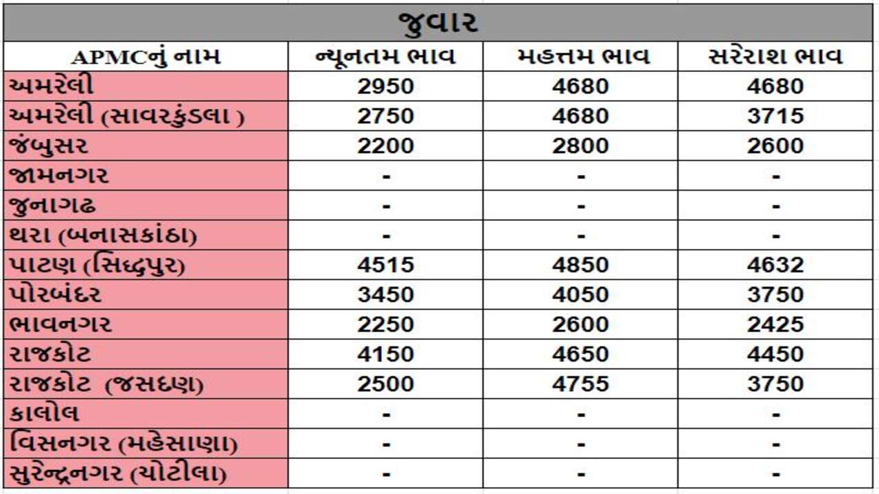 જુવારના તા.17-03-2024ના રોજ APMCના ભાવ રૂ.2200 થી 4850 રહ્યા.