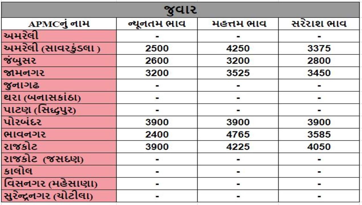 જુવારના તા.29-02-2024ના રોજ APMCના ભાવ રૂ.2400 થી 4765 રહ્યા.