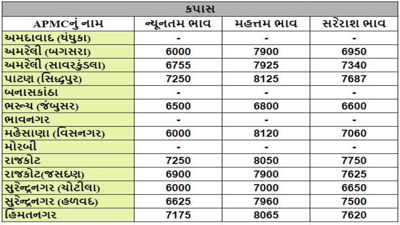 કપાસના તા.19-03-2024ના રોજ APMCના ભાવ રૂ.6000 થી 8125 રહ્યા.