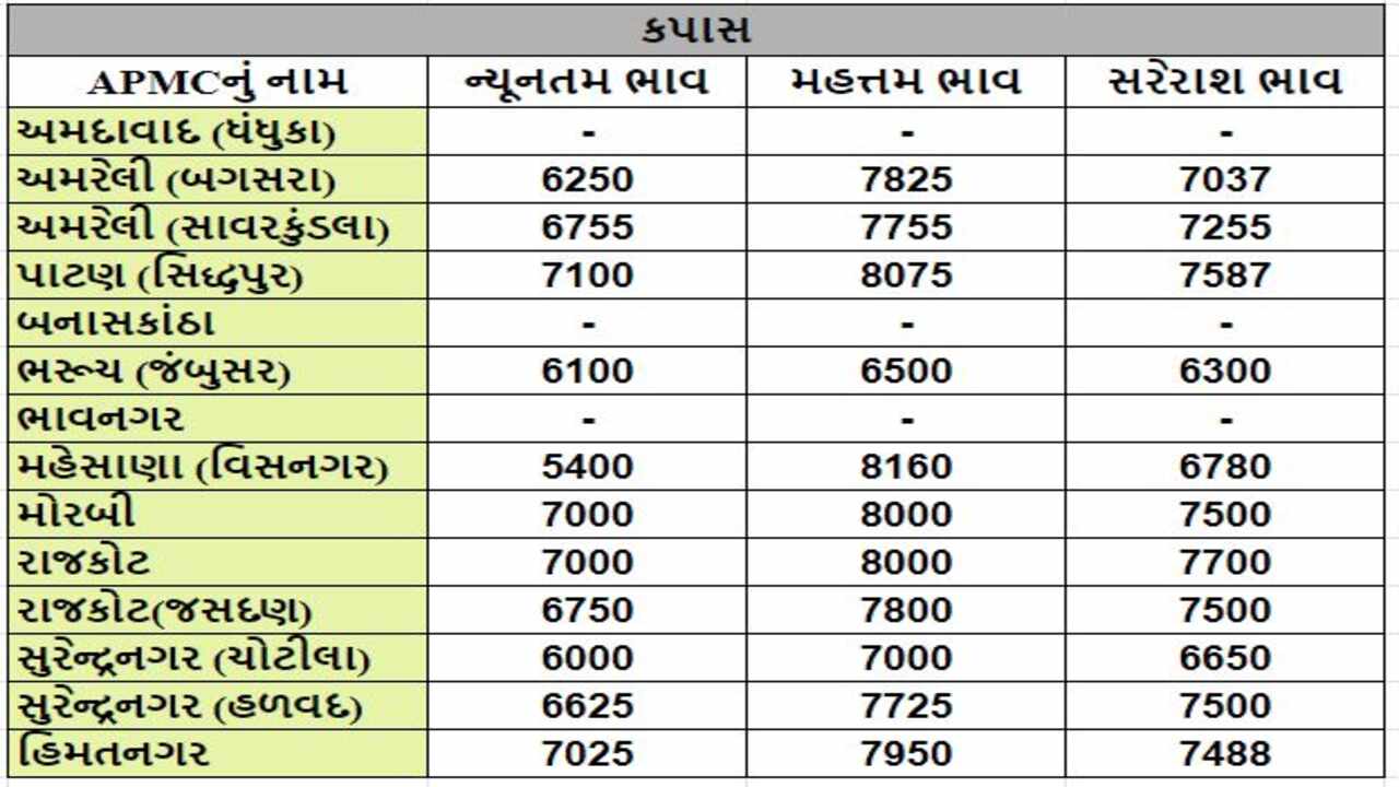 કપાસના તા.20-03-2024ના રોજ APMCના ભાવ રૂ.5400 થી 8160 રહ્યા.