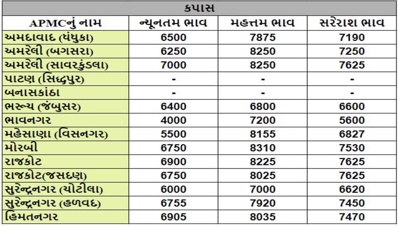 કપાસના તા.29-02-2024ના રોજ APMCના ભાવ રૂ.4000 થી 8310 રહ્યા.