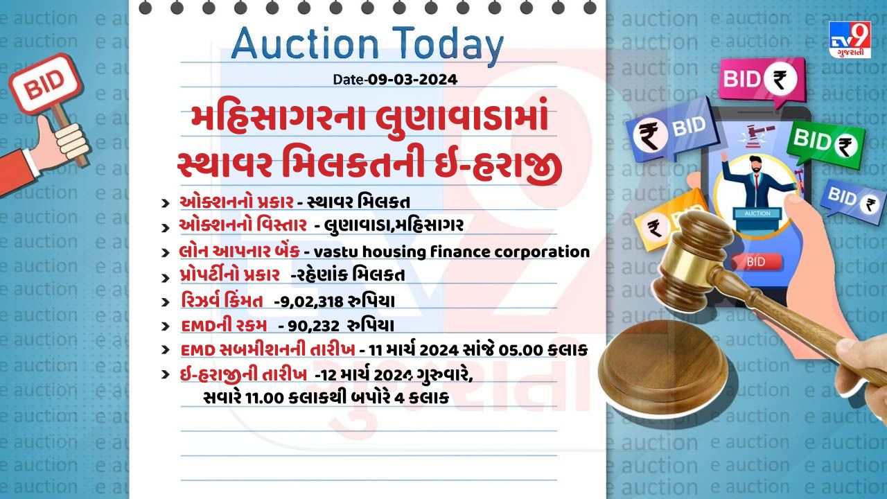 અર્નેસ્ટ મની સબમીશનની તારીખ 11 માર્ચ 2024 બુધવારે સાંજે 05.00 કલાક રાખવામાં આવી છે. ઇ-હરાજીની તારીખ 12 માર્ચ 2024 ગુરુવારે સવારે 11.00 કલાકથી બપોરે 4 કલાક સુધીની  રાખવામાં આવી છે. 
