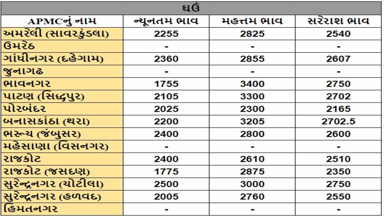 ઘઉંના તા.22-04-2024ના રોજ APMCના ભાવ રૂ.1755 થી 3400 રહ્યા.