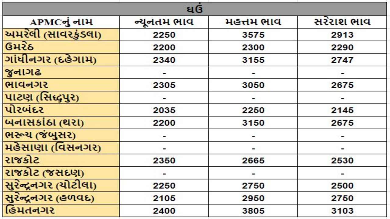 ઘઉંના તા.03-04-2024ના રોજ APMCના ભાવ રૂ.2035 થી 3805 રહ્યા.