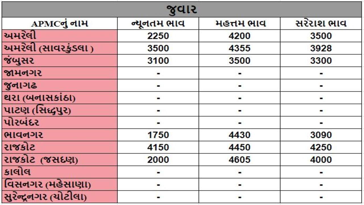 જુવારના તા.05-04-2024ના રોજ APMCના ભાવ રૂ.1750 થી 4605 રહ્યા.