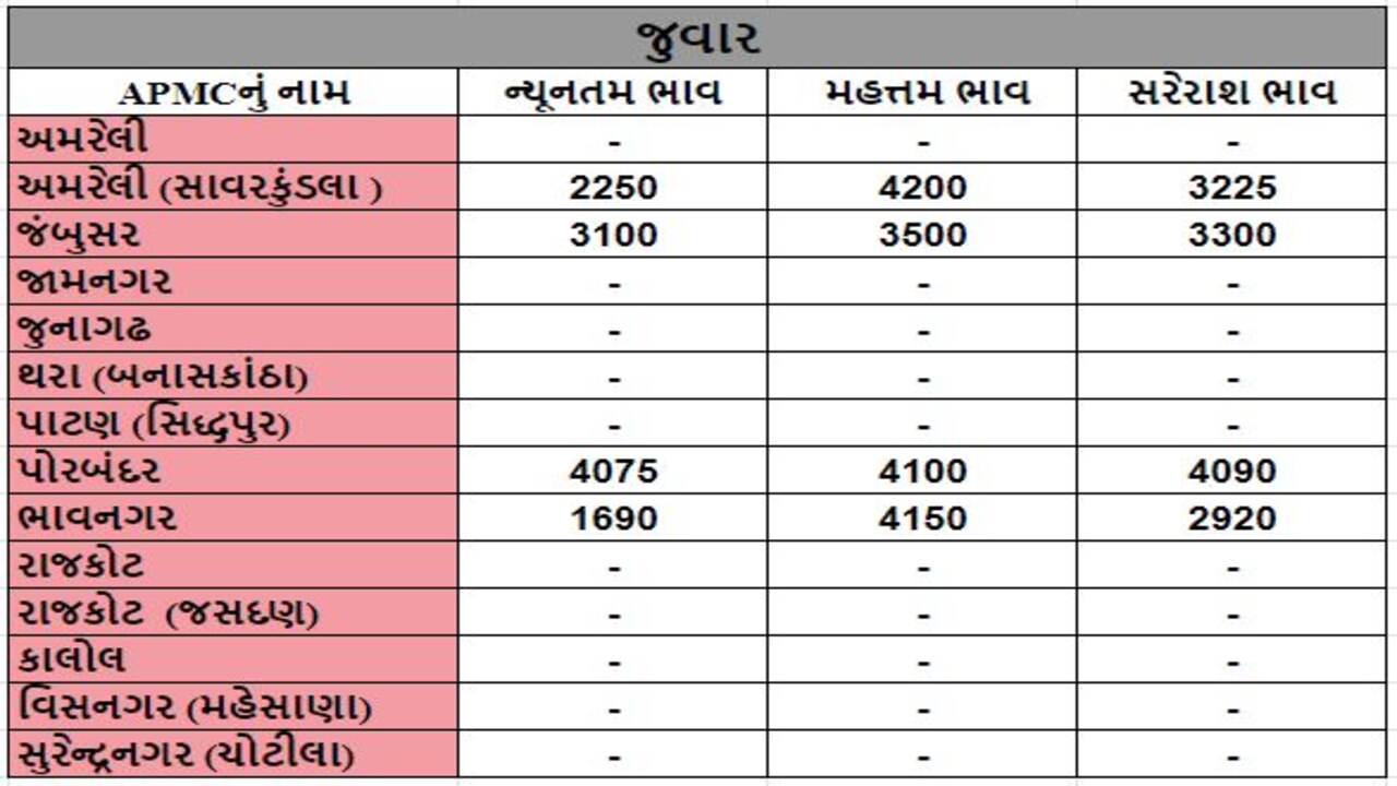 જુવારના તા.08-04-2024ના રોજ APMCના ભાવ રૂ.1690 થી 4200 રહ્યા.