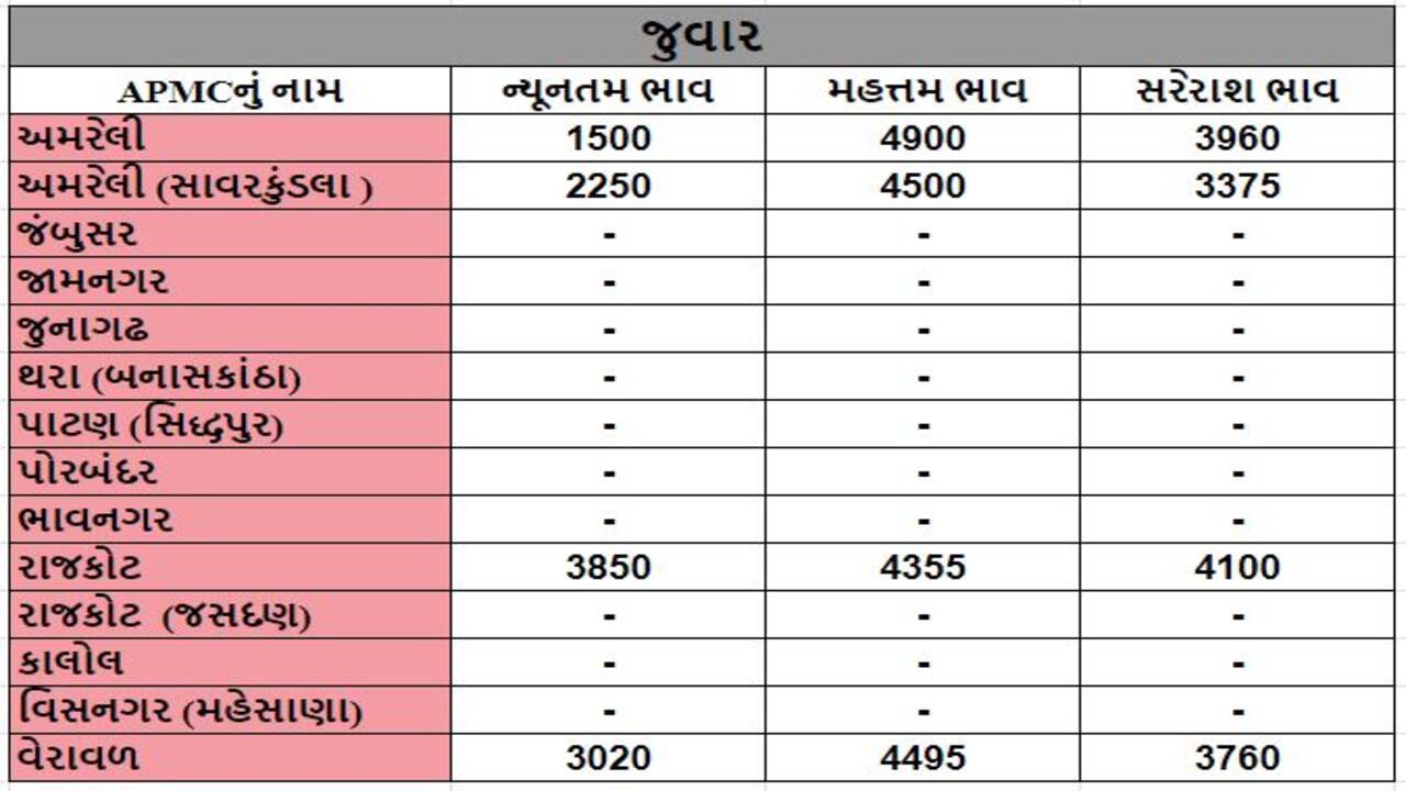 જુવારના તા.09-04-2024ના રોજ APMCના ભાવ રૂ.1500 થી 4900 રહ્યા.