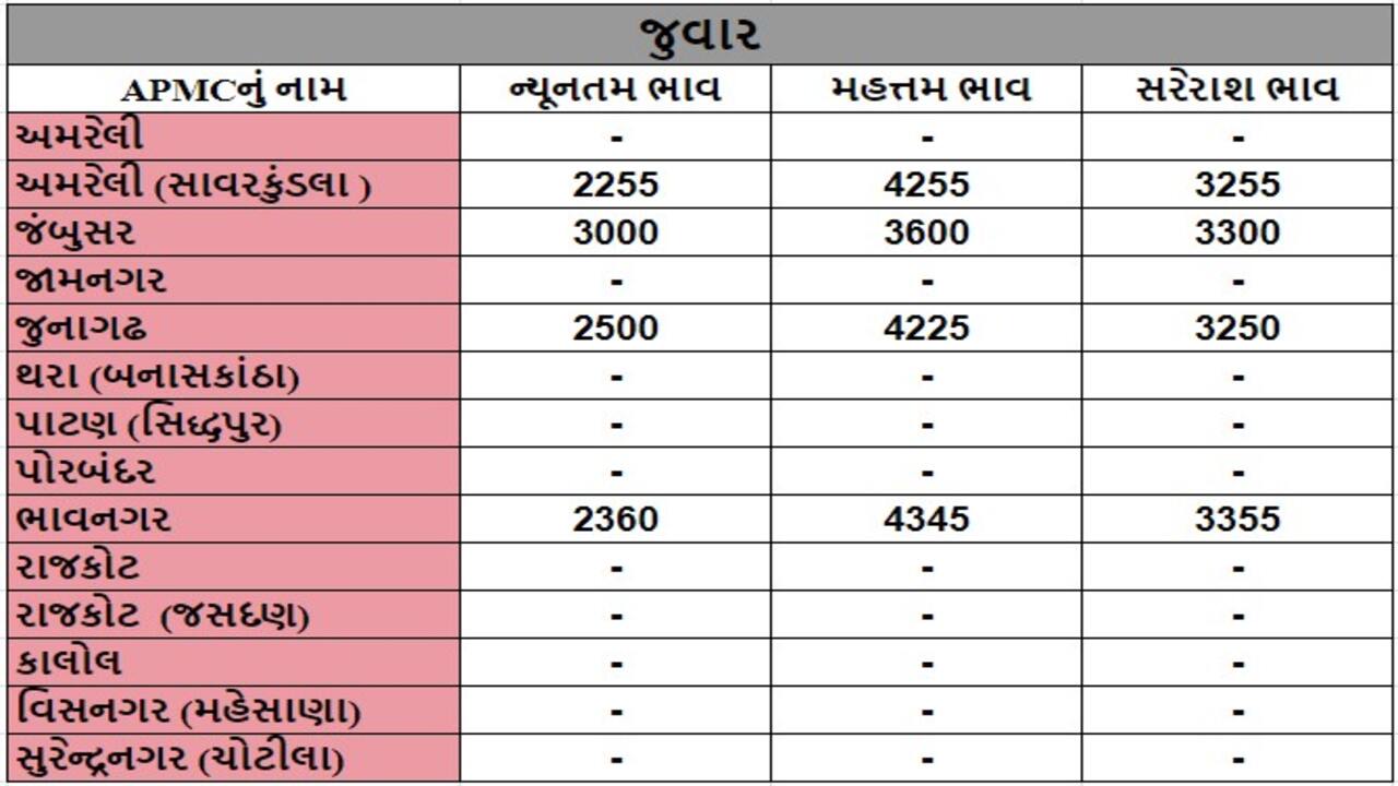 જુવારના તા.12-04-2024ના રોજ APMCના ભાવ રૂ.2255 થી 4345 રહ્યા.