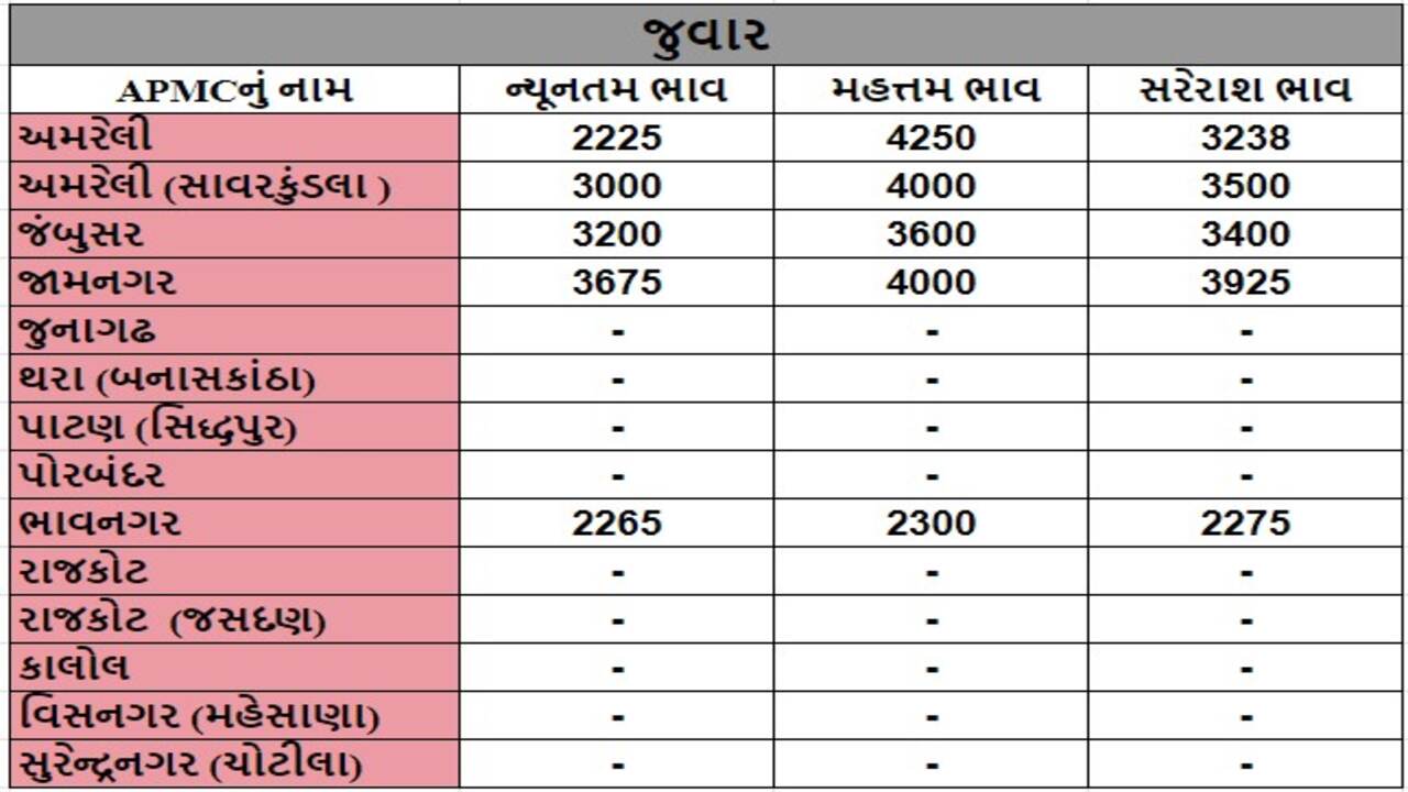 જુવારના તા.20-04-2024ના રોજ APMCના ભાવ રૂ.1400 થી 4805 રહ્યા.