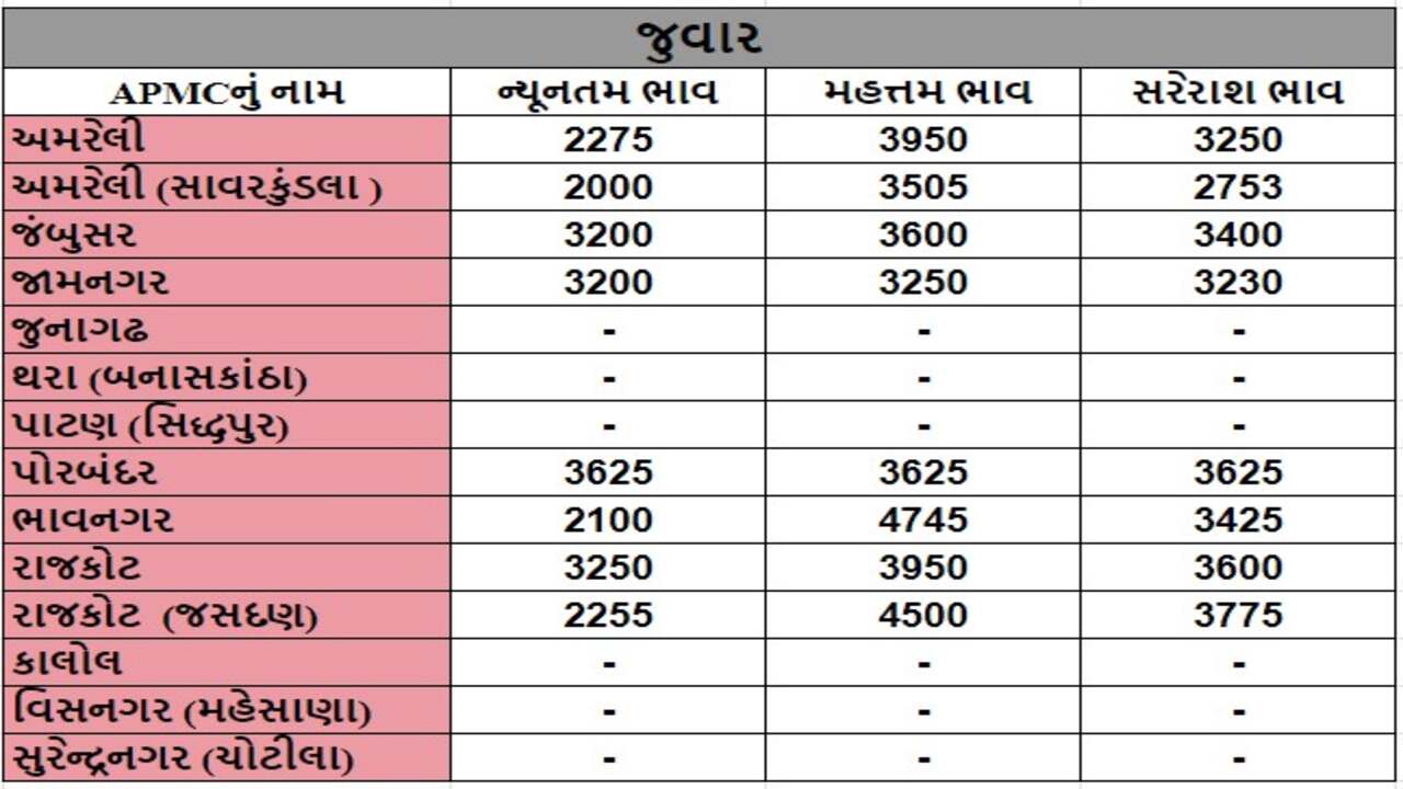 જુવારના તા.22-04-2024ના રોજ APMCના ભાવ રૂ.2100 થી 4745 રહ્યા.