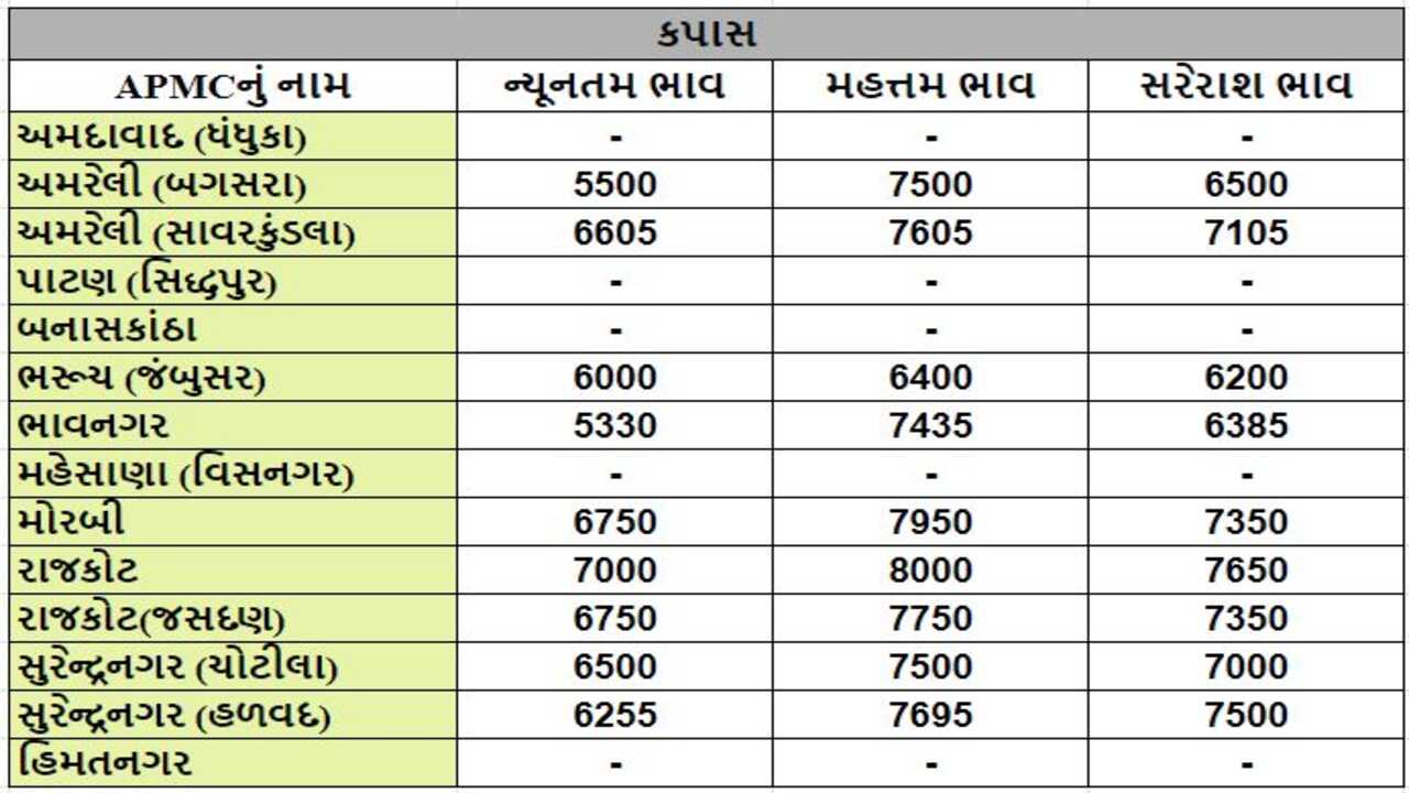 કપાસના તા.05-04-2024ના રોજ APMCના ભાવ રૂ.5330 થી 8000 રહ્યા.