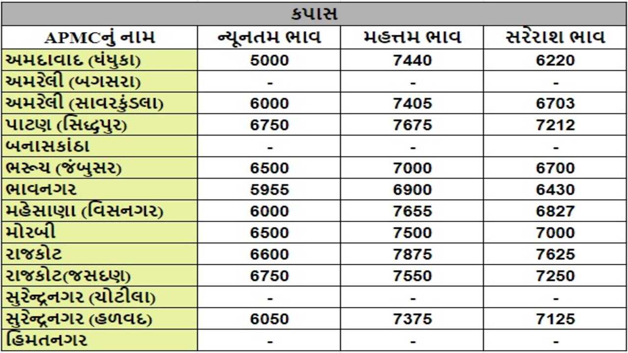 કપાસના તા.26-04-2024ના રોજ APMCના ભાવ રૂ.5000 થી 7875 રહ્યા.