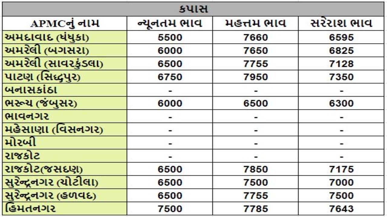 કપાસના તા.08-04-2024ના રોજ APMCના ભાવ રૂ.5500 થી 7850 રહ્યા.