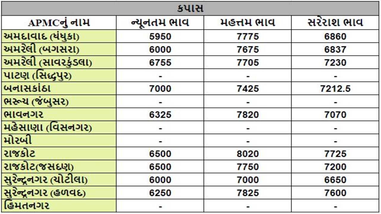 કપાસના તા.03-04-2024ના રોજ APMCના ભાવ રૂ.5950 થી 8020 રહ્યા.