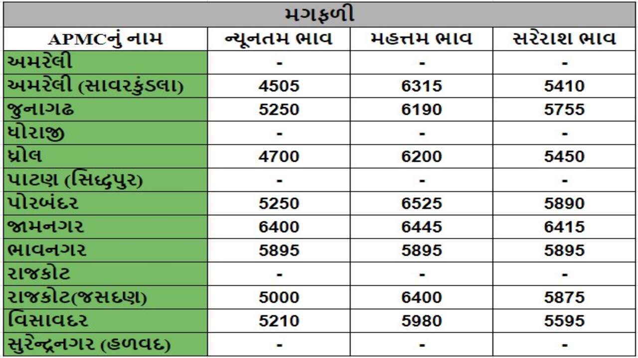 મગફળીના તા.20-04-2024ના રોજ APMCના ભાવ રૂ.4505 થી 6525 રહ્યા.