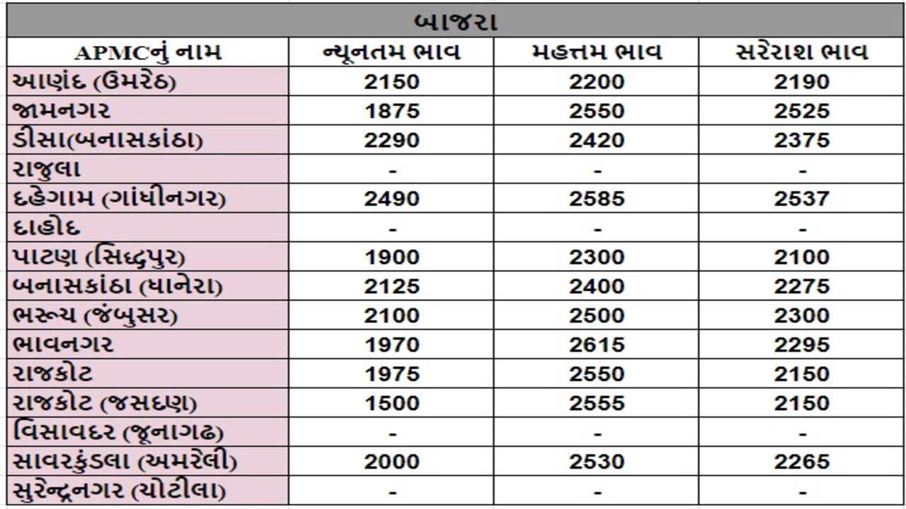 બાજરાના તા.03-05-2024ના રોજ APMCના ભાવ રૂ.1500 થી 2615 રહ્યા.