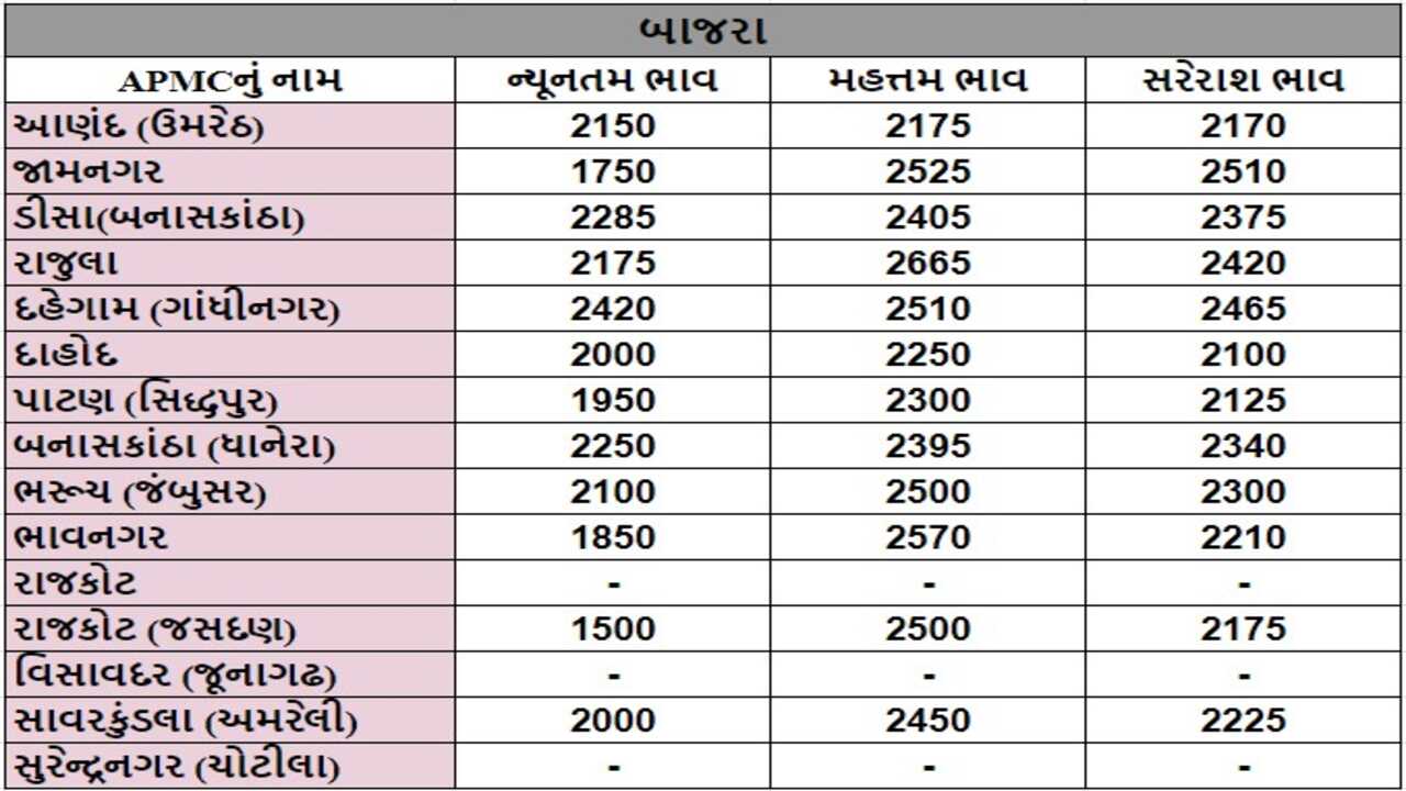 બાજરાના તા.06-05-2024ના રોજ APMCના ભાવ રૂ.1500 થી 2665 રહ્યા.