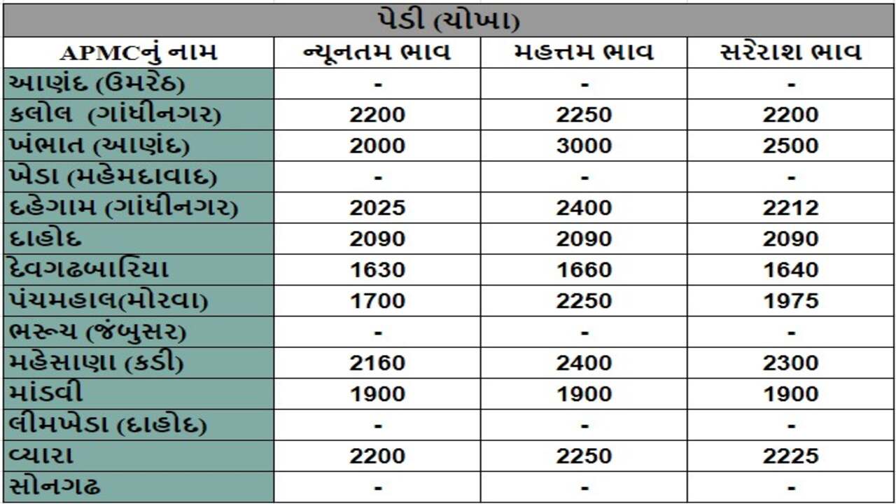 પેડી (ચોખા)ના તા.01-05-2024ના રોજ APMCના ભાવ રૂ.1630 થી 3000 રહ્યા.