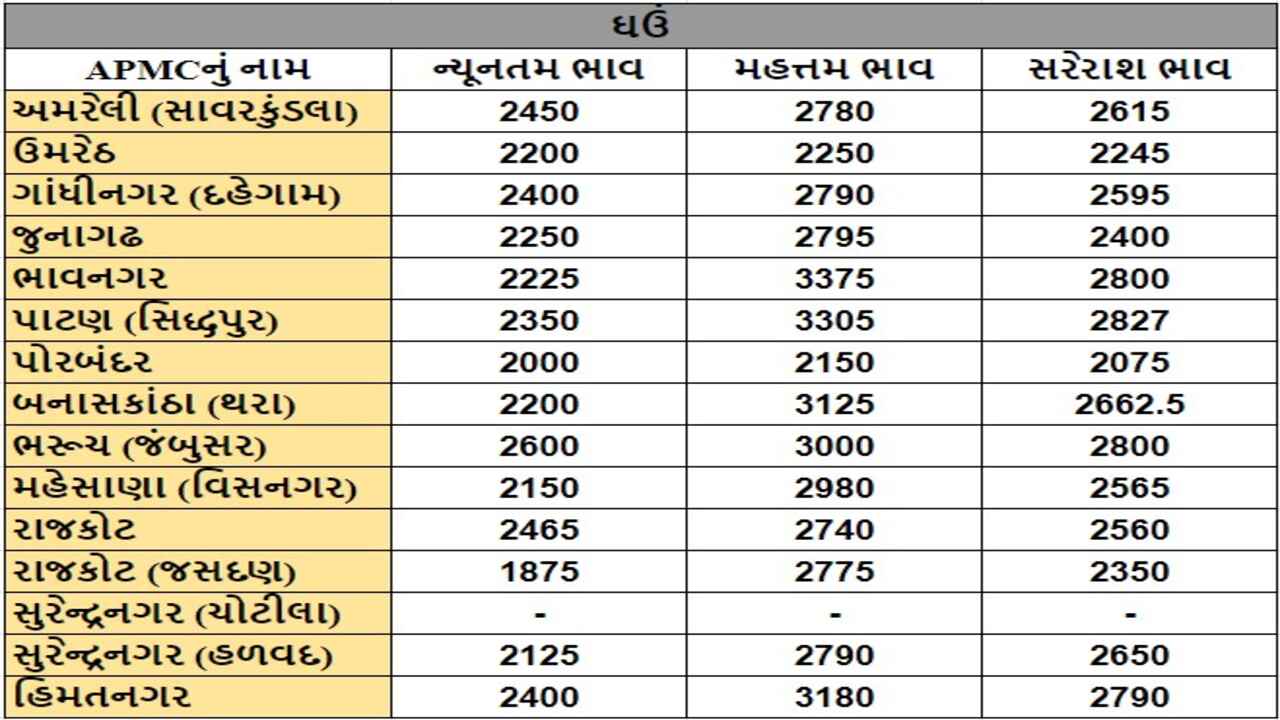 ઘઉંના તા.01-05-2024ના રોજ APMCના ભાવ રૂ.1875 થી 3375 રહ્યા.