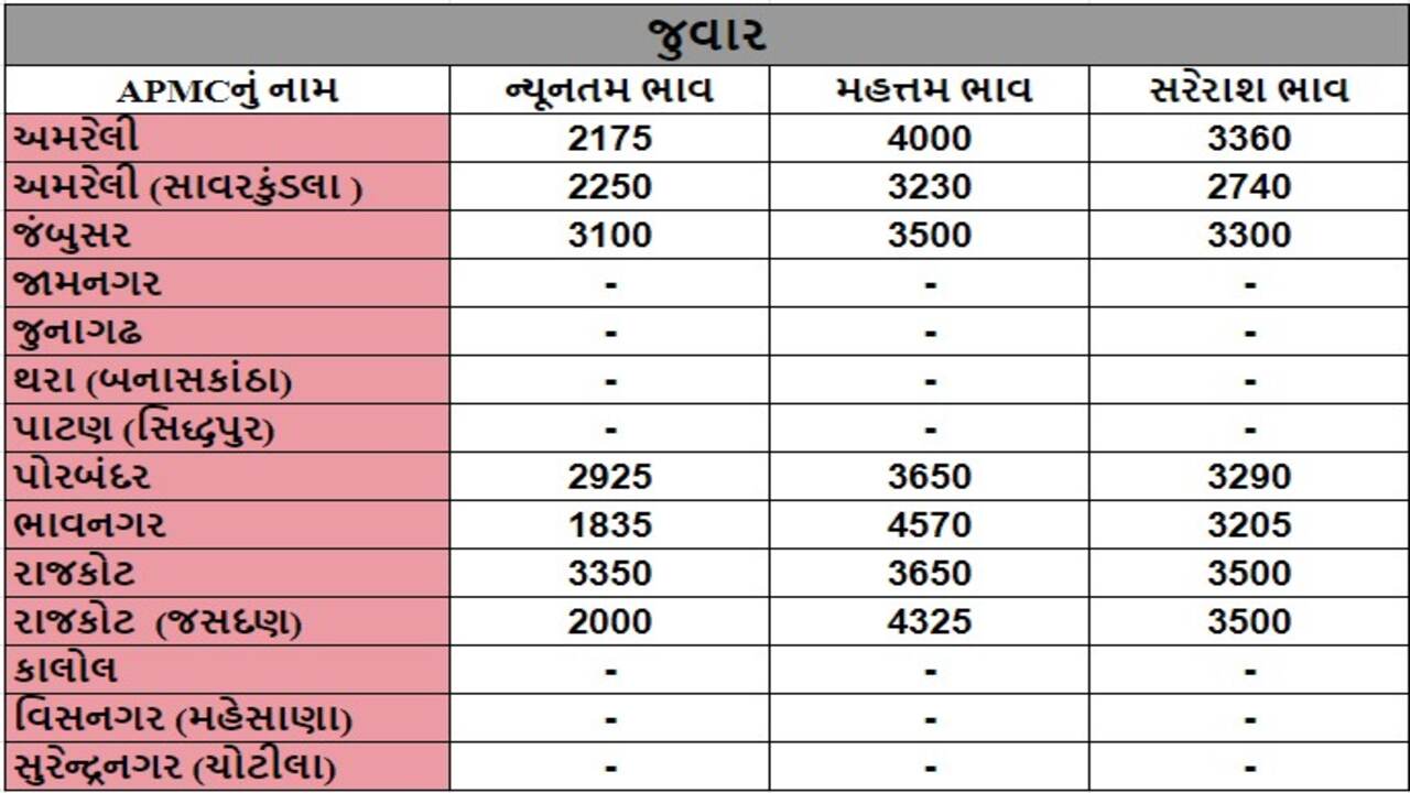 જુવારના તા.02-05-2024ના રોજ APMCના ભાવ રૂ.1835 થી 4570 રહ્યા.