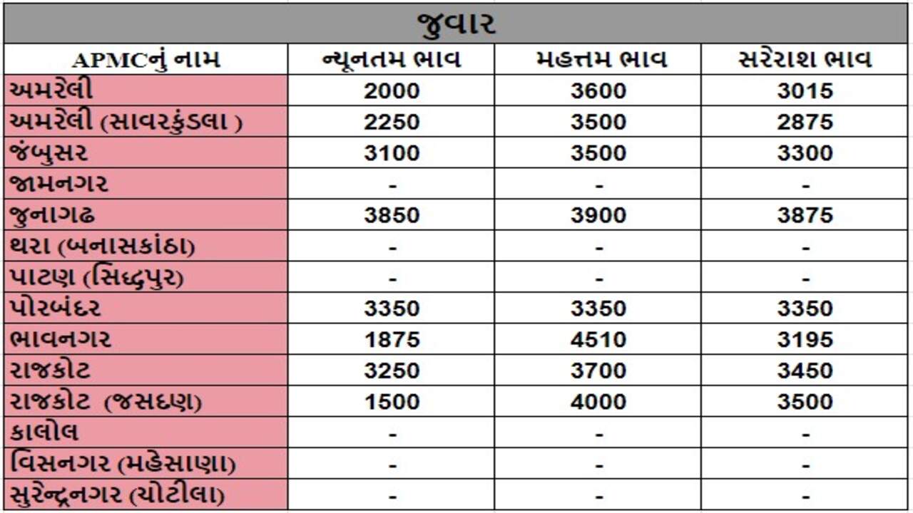 જુવારના તા.03-05-2024ના રોજ APMCના ભાવ રૂ.1500 થી 4510 રહ્યા.