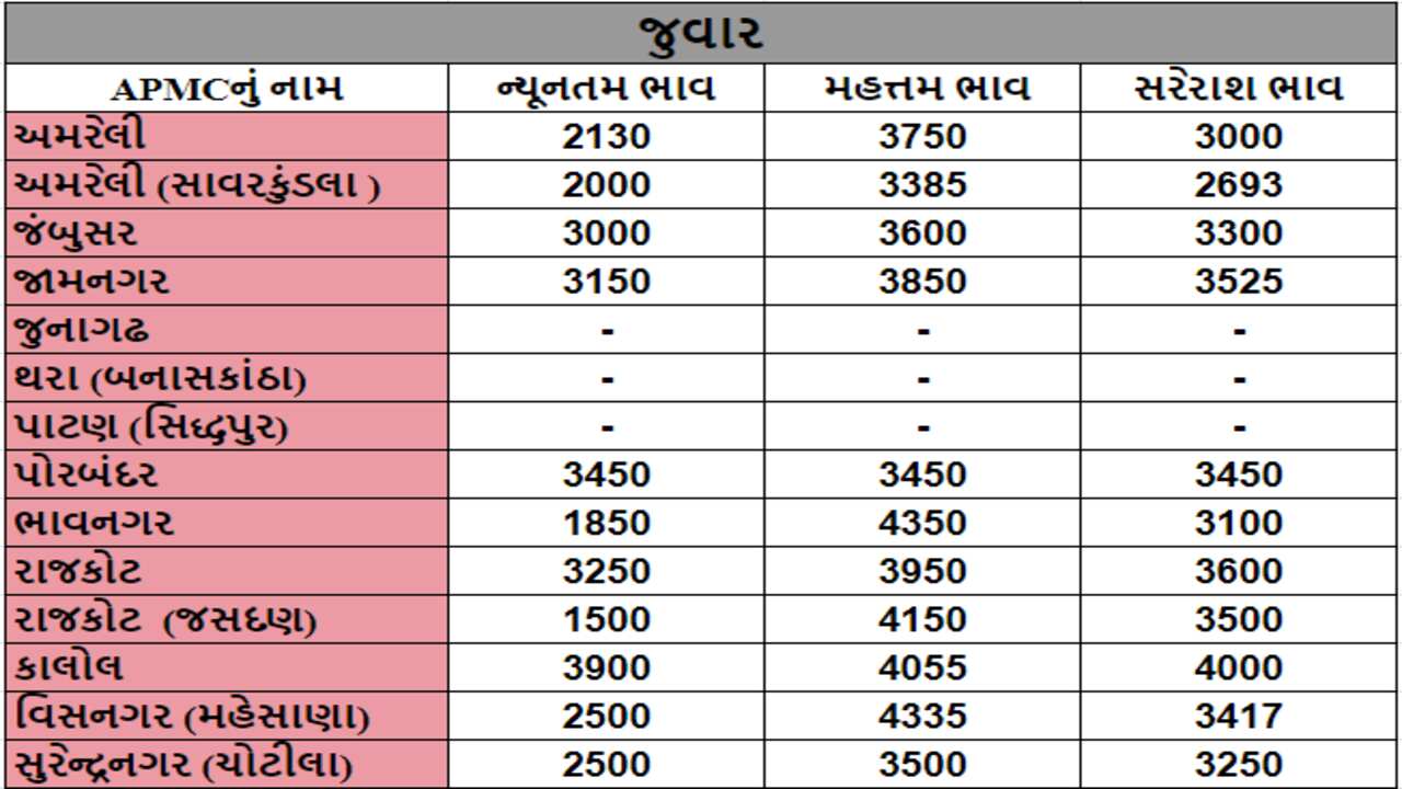 જુવારના તા.13-05-2024ના રોજ APMCના ભાવ રૂ.1500 થી 4350 રહ્યા.