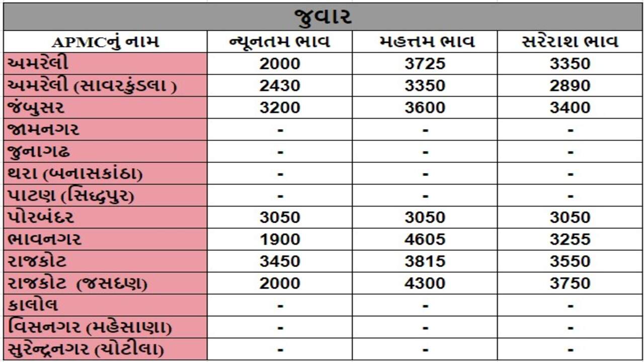 જુવારના તા.30-04-2024ના રોજ APMCના ભાવ રૂ.1900 થી 4605 રહ્યા.