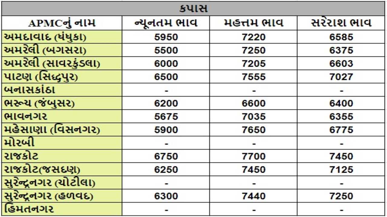 કપાસના તા.03-05-2024ના રોજ APMCના ભાવ રૂ.5500 થી 7700 રહ્યા.