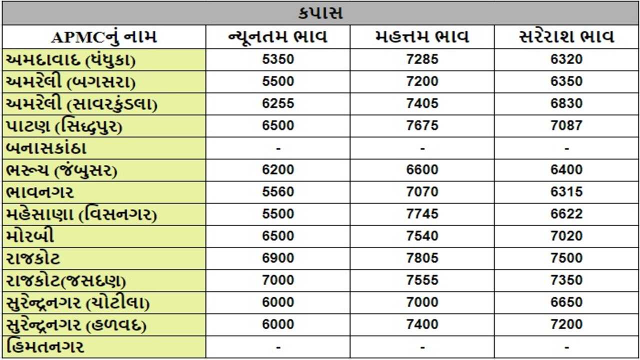 કપાસના તા.08-05-2024ના રોજ APMCના ભાવ રૂ.5350 થી 7805 રહ્યા.