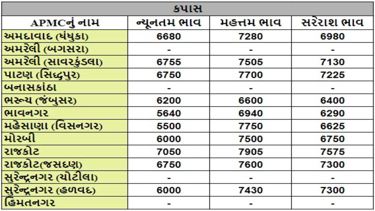 કપાસના તા.09-05-2024ના રોજ APMCના ભાવ રૂ.5500 થી 7905 રહ્યા.