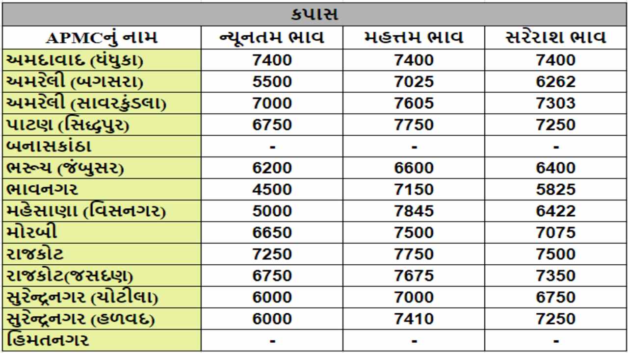 કપાસના તા.13-05-2024ના રોજ APMCના ભાવ રૂ.4500 થી 7845 રહ્યા.